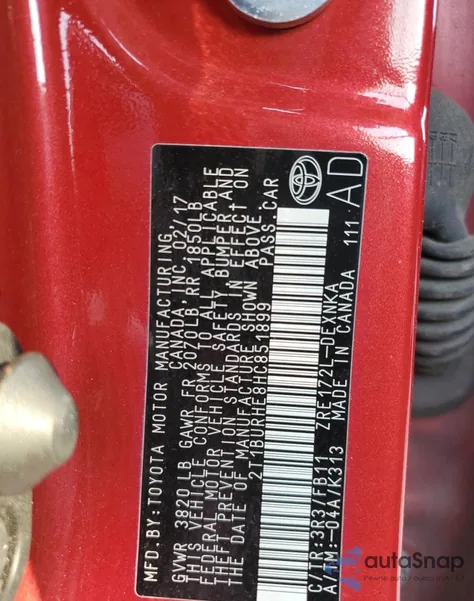 2017 Toyota Corolla L из США, поврежденный, VIN 2T1BURHE8HC851899